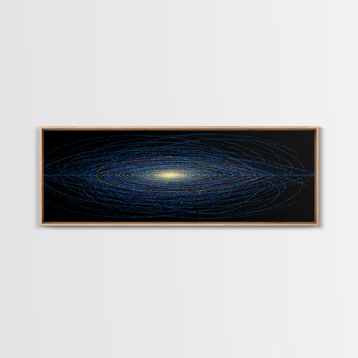 Blue Orbital Galaxy Lines On Black With Yellow Center, Space Abstract Wall Art, Modern Digital Art Print, Sci Fi Canvas Print