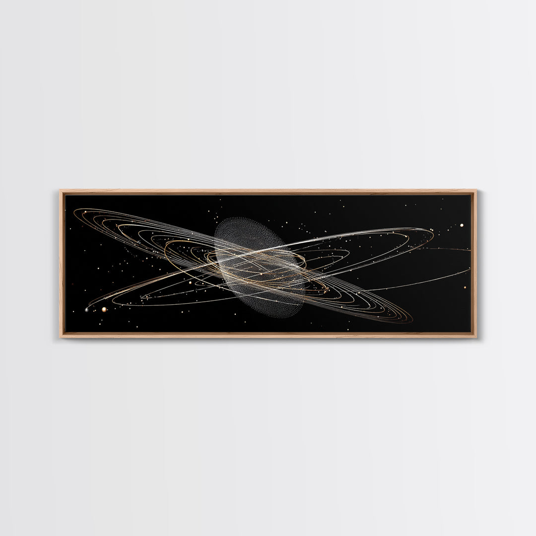 Golden Saturn Orbit Particle Rings On Black, Cosmic Wall Art, Modern Abstract Art Print, Space Framed Canvas Print, For Office Decor