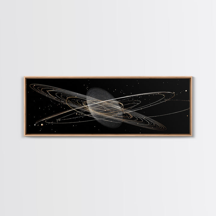 Golden Saturn Orbit Particle Rings On Black, Cosmic Wall Art, Modern Abstract Art Print, Space Framed Canvas Print, For Office Decor