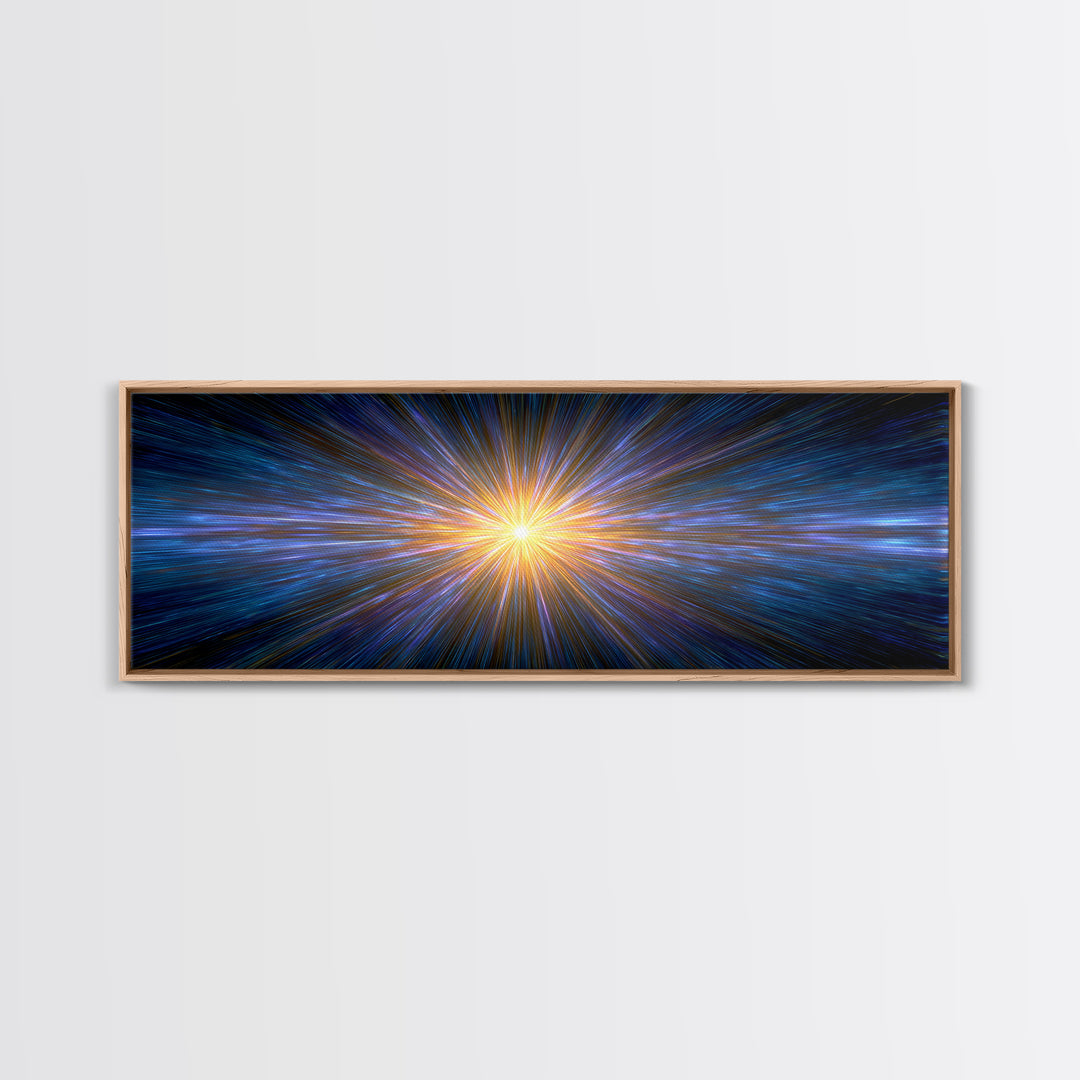 Radiant Blue And Gold Light Burst Horizon, Space Abstract Wall Art, Modern Digital Art Print, Sci Fi Canvas Print For Home