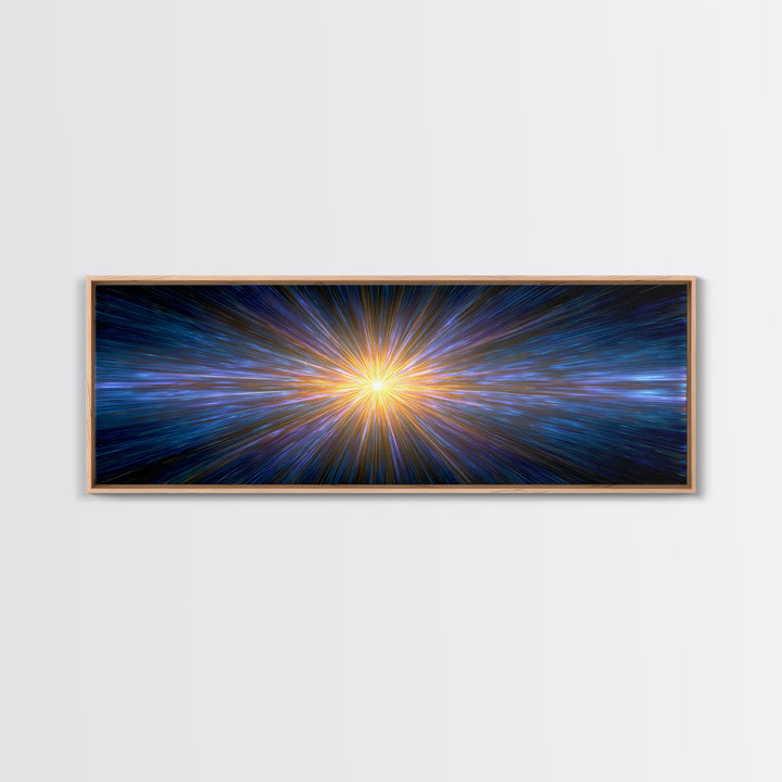 Radiant Blue And Gold Light Burst Horizon, Space Abstract Wall Art, Modern Digital Art Print, Sci Fi Canvas Print For Home
