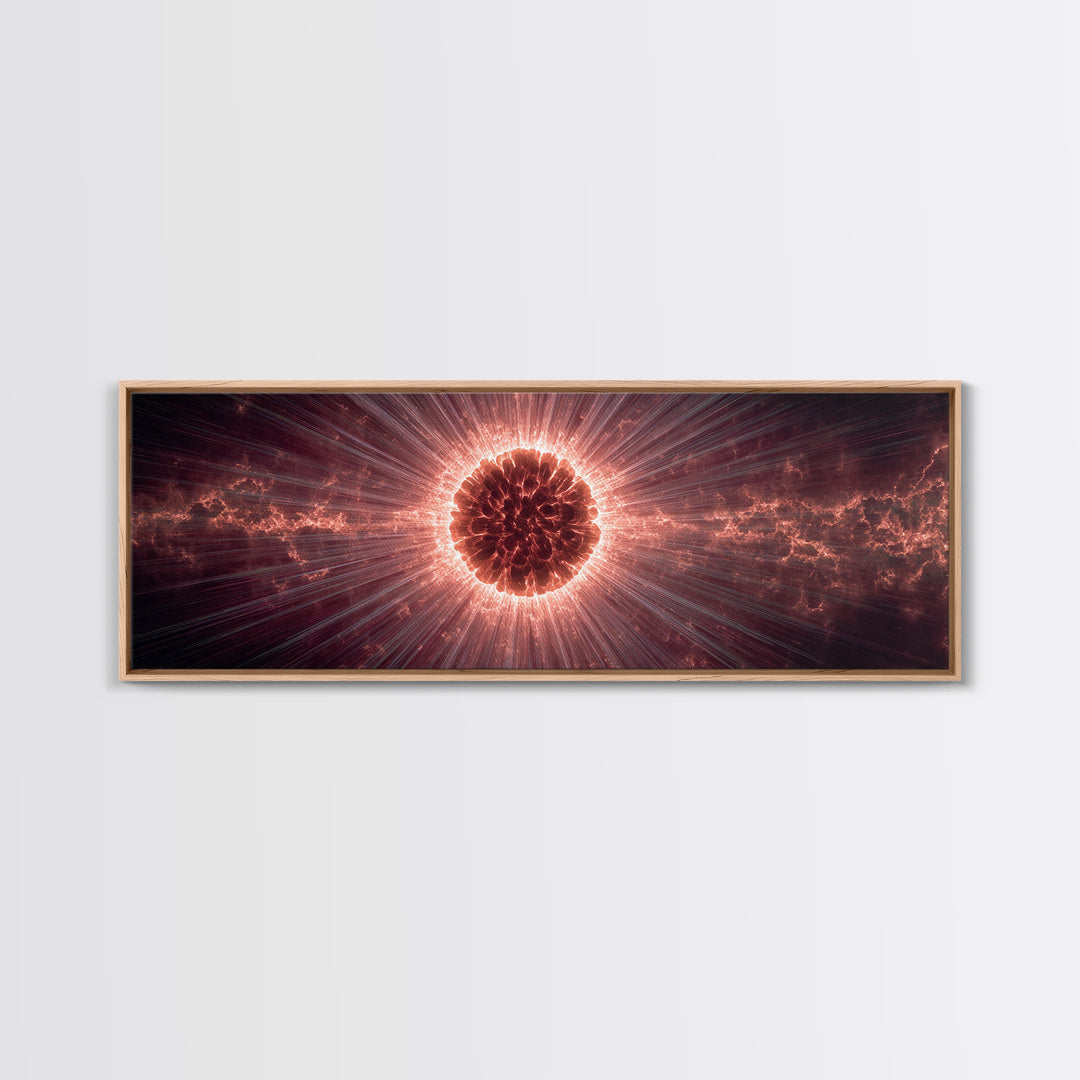 Red Solar Eclipse Corona With Dramatic Rays, Space Abstract Wall Art, Modern Digital Art Print, Cosmic Framed Canvas Print