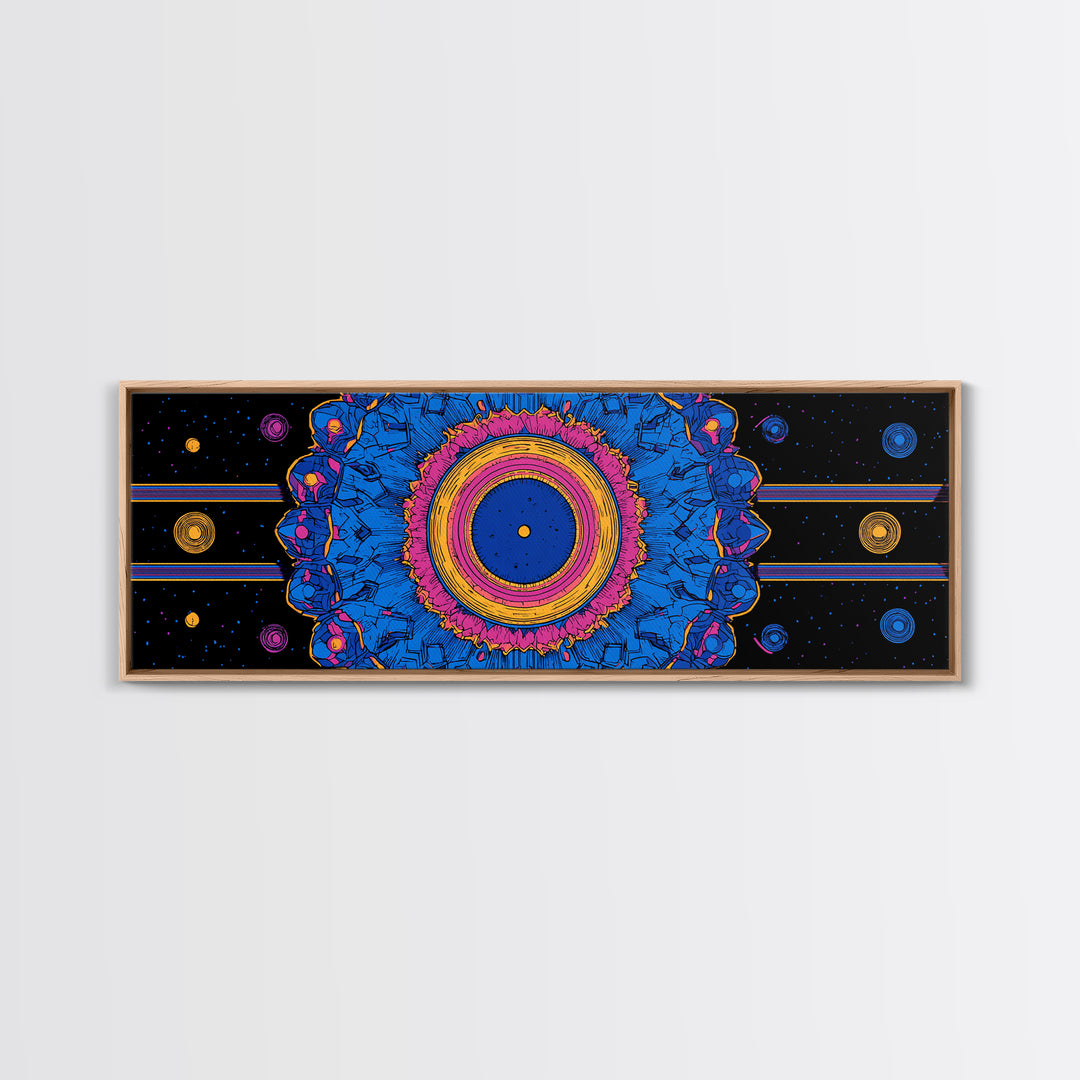 Blue Pink Cosmic Mandala Canvas Print, Psychedelic Abstract Wall Art, Retro Space Poster, Modern Geometric Home Decor Print