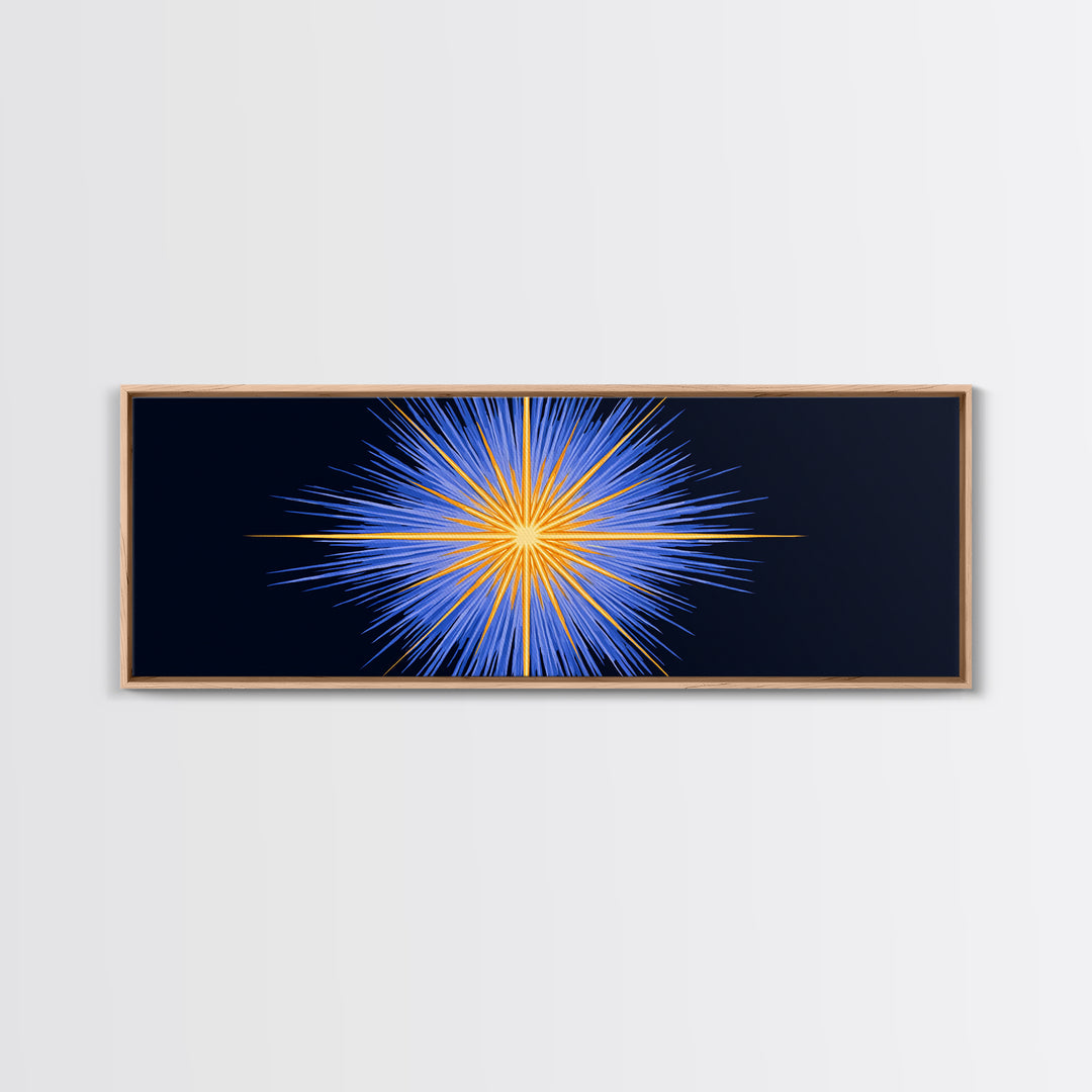 Blue Orange Radiant Starburst Canvas Print, Modern Abstract Wall Art, Cosmic Space Poster, Bold Geometric Living Room Decor