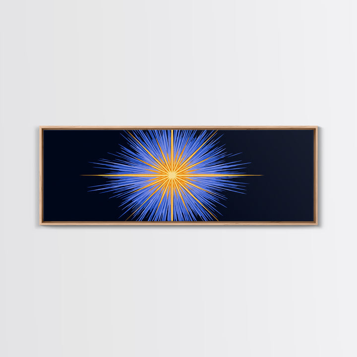 Blue Orange Radiant Starburst Canvas Print, Modern Abstract Wall Art, Cosmic Space Poster, Bold Geometric Living Room Decor