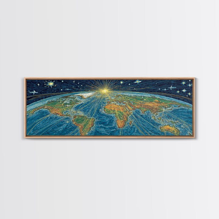 Radiant Earth From Space Wall Art, Midcentury Modern Map Poster, Cosmic Retro Illustration Canvas Print, Blue Home Decor