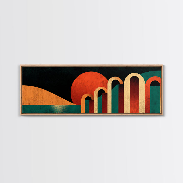 Desert Sunset With Teal Horizon And Retro Arches Canvas Print, Mid Century Modern Wall Decor, MCM Abstract Orange Art Poster