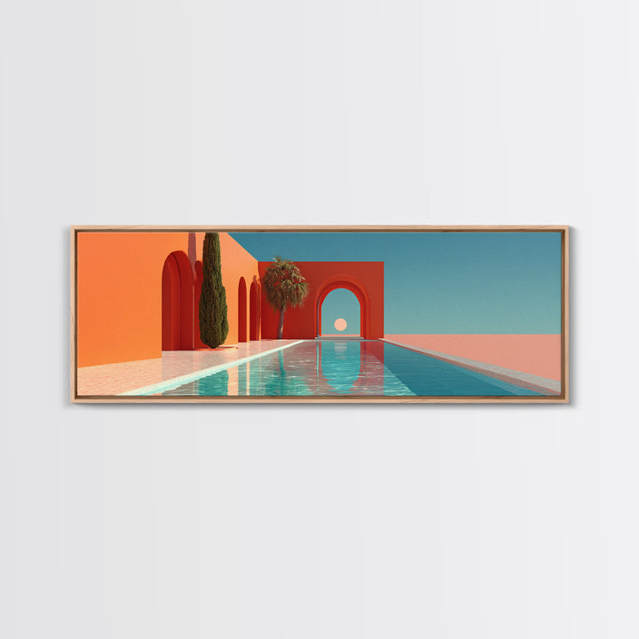 Red Arch Pool With Cypress Trees And Aqua Sky Canvas Print, Minimalist Mid Century Modern Wall Art, Palm Springs Decor Poster