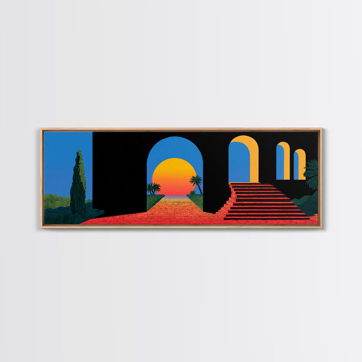 Black Blue Terrace With Sunset Portal And Red Steps Wall Art, Retro Mid Century Modern Poster, MCM Architectural Decor Print