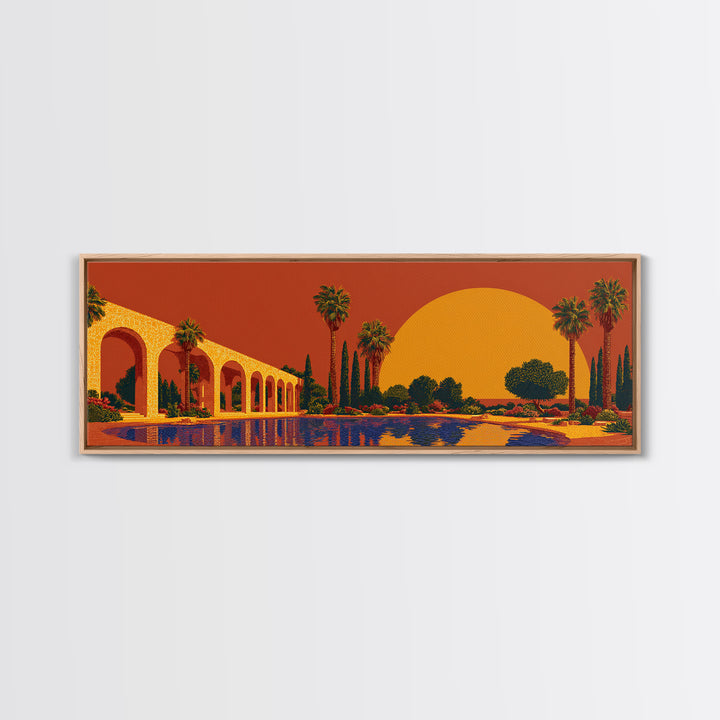 Orange Palm Oasis With Colonnade Pool And Giant Sun Framed Canvas Print, Mid Century Modern Wall Art, Retro Desert Decor