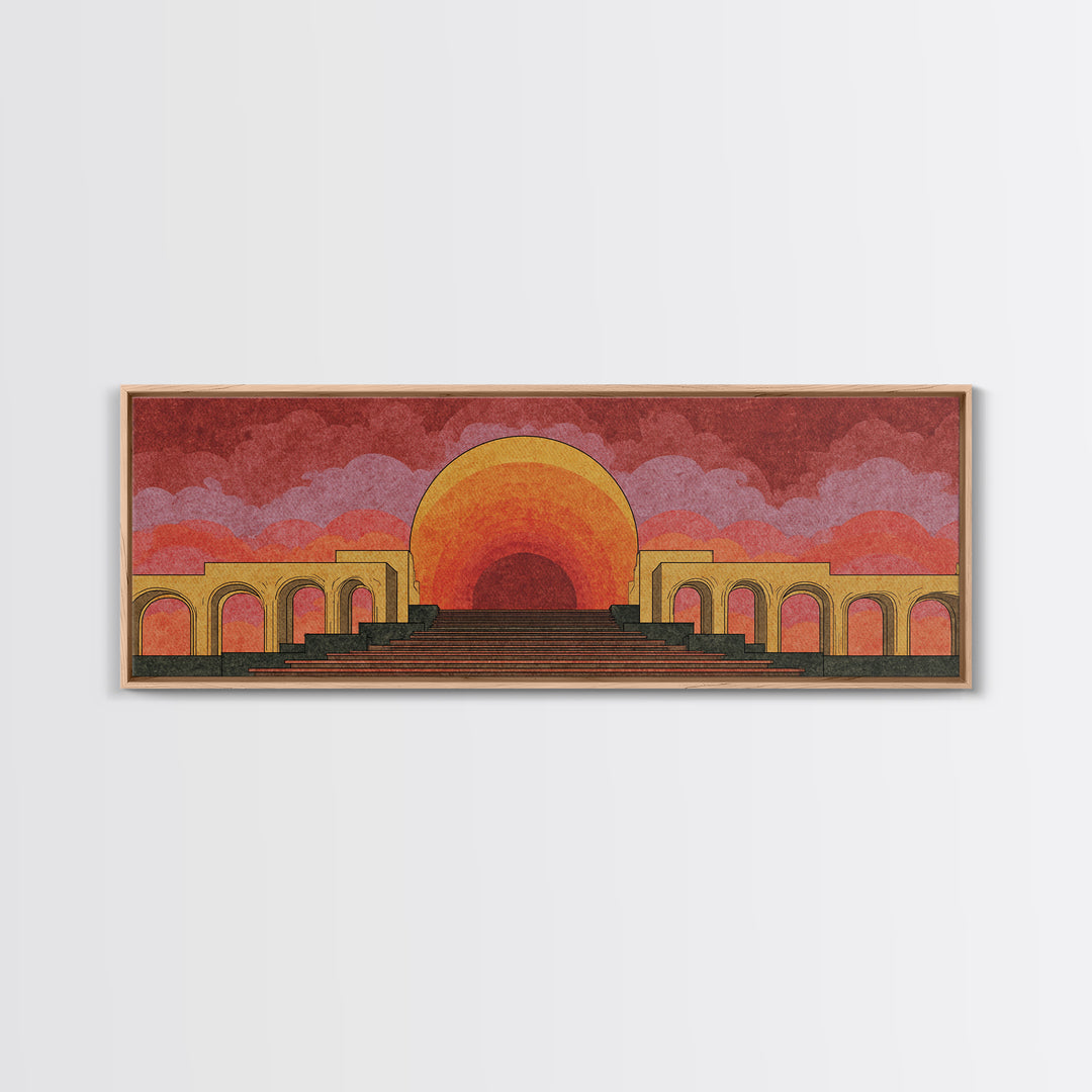 Monumental Sunset Theater With Arches And Stone Steps Canvas Print, Retro Mid Century Modern Wall Art, Orange Landscape Poster