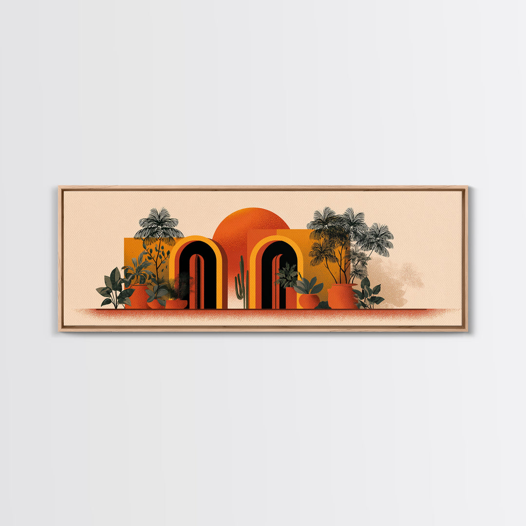 Potted Plants With Orange Sun And Rainbow Arched Doors Wall Art, Mid Century Modern Botanical Decor, MCM Desert Poster Print