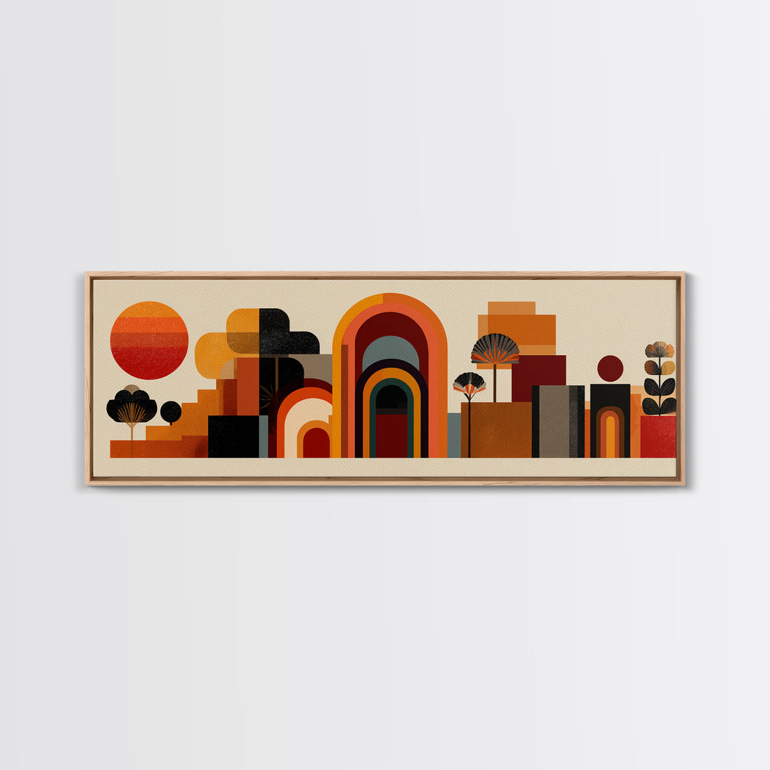Abstract Desert Village With Arches, Sun, And Potted Plants Canvas Print, Mid Century Modern Wall Art, Geometric MCM Decor