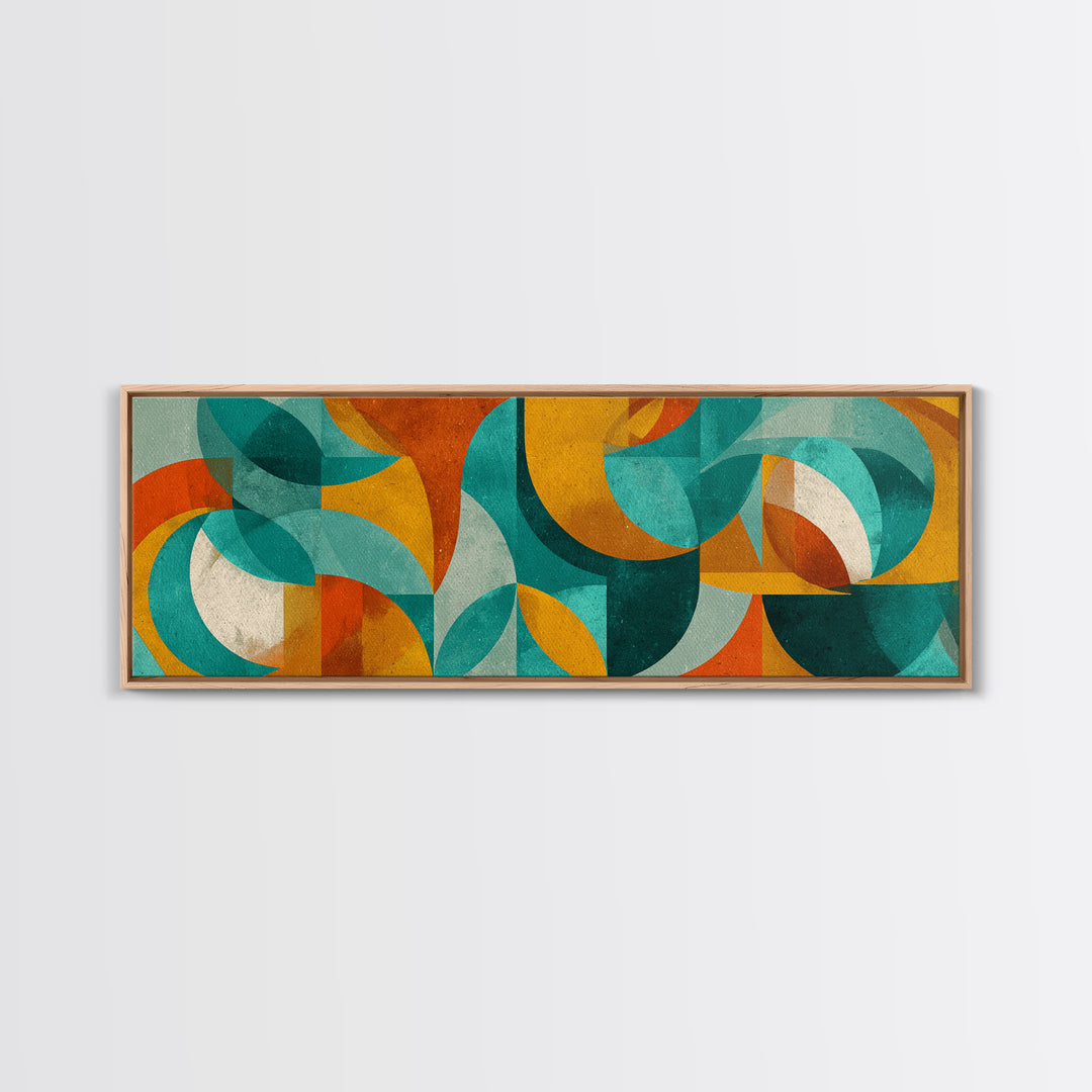 Teal Ochre Geometric Circles And Transparent Shapes Wall Art, Mid Century Modern Abstract Print, Bauhaus Colorblock Decor
