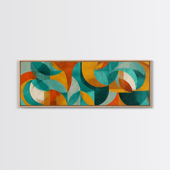 Teal Ochre Geometric Circles And Transparent Shapes Wall Art, Mid Century Modern Abstract Print, Bauhaus Colorblock Decor