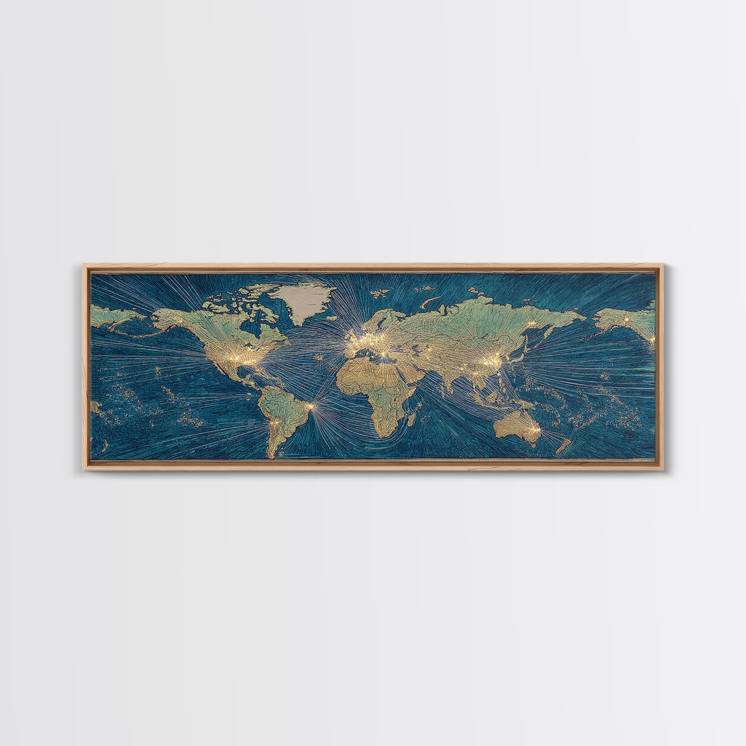 Blue Gold World Map Wall Art, Midcentury Modern Travel Poster, Geometric Global Lines Canvas Print, Office Wall Decor, Gift