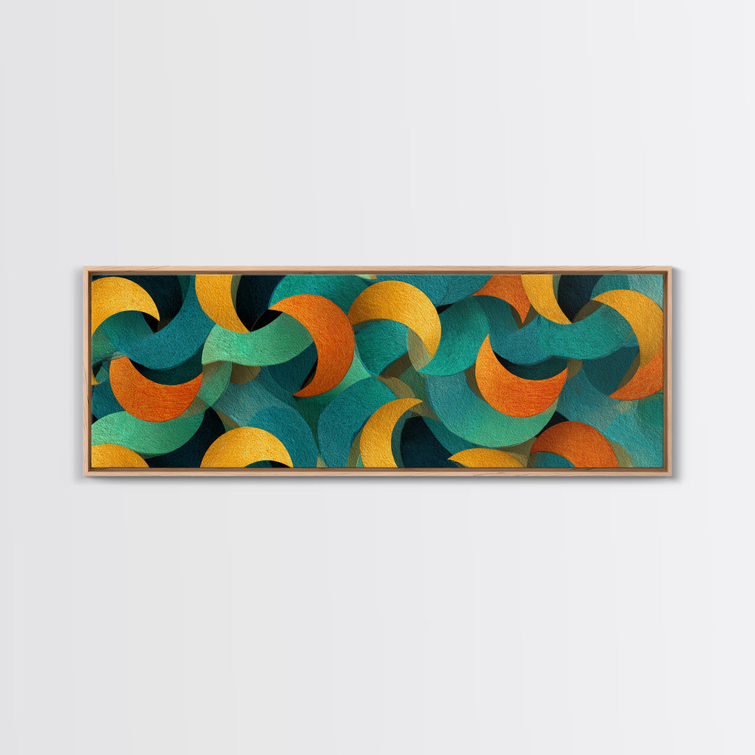 Layered Teal Orange And Gold Crescent Moon Shapes Canvas Print, Retro Mid Century Modern Wall Art, Abstract Pattern Decor