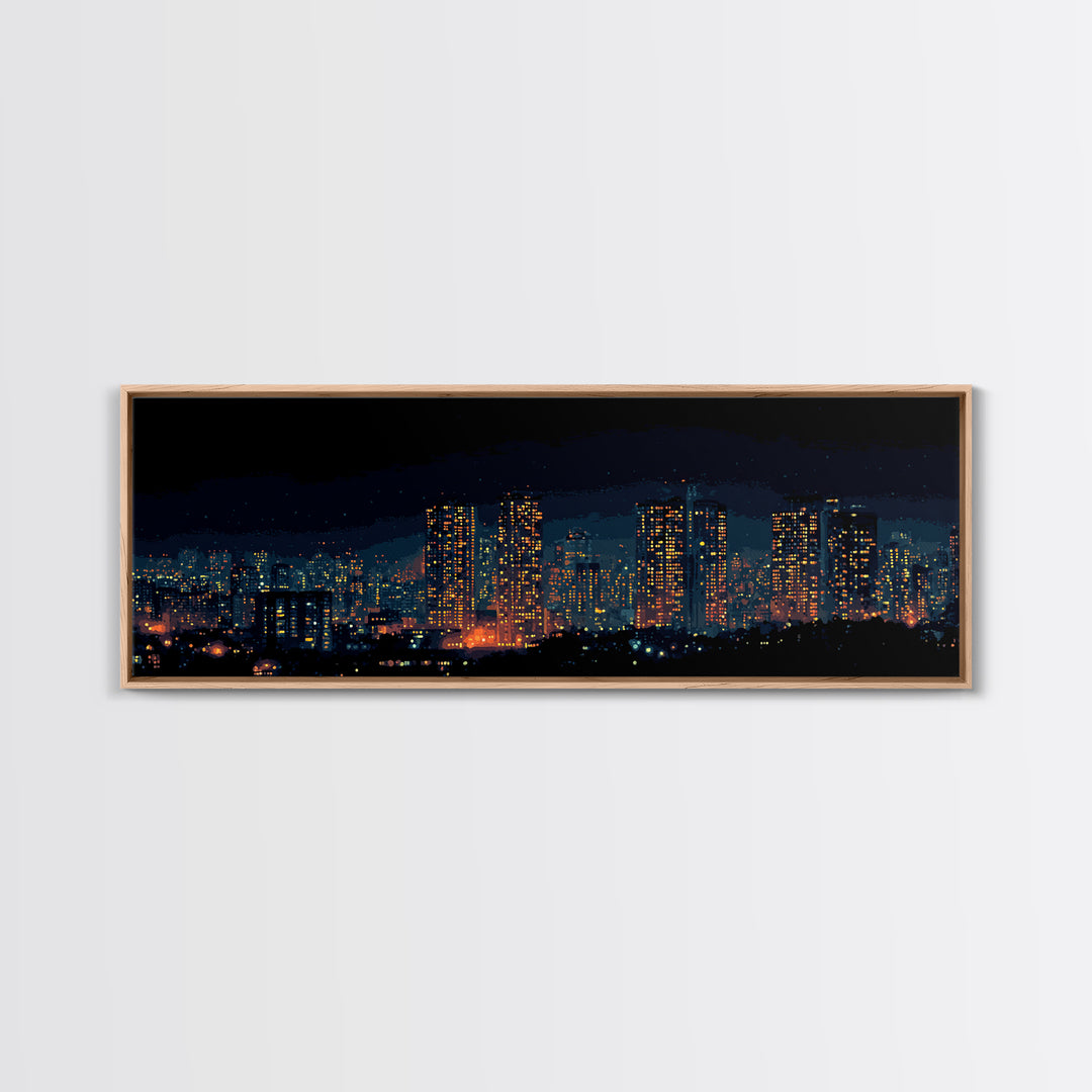 Glowing Night City Skyline Wall Art, Modern Urban Photography Print, Skyscraper Lights Poster, Apartment Living Room Decor