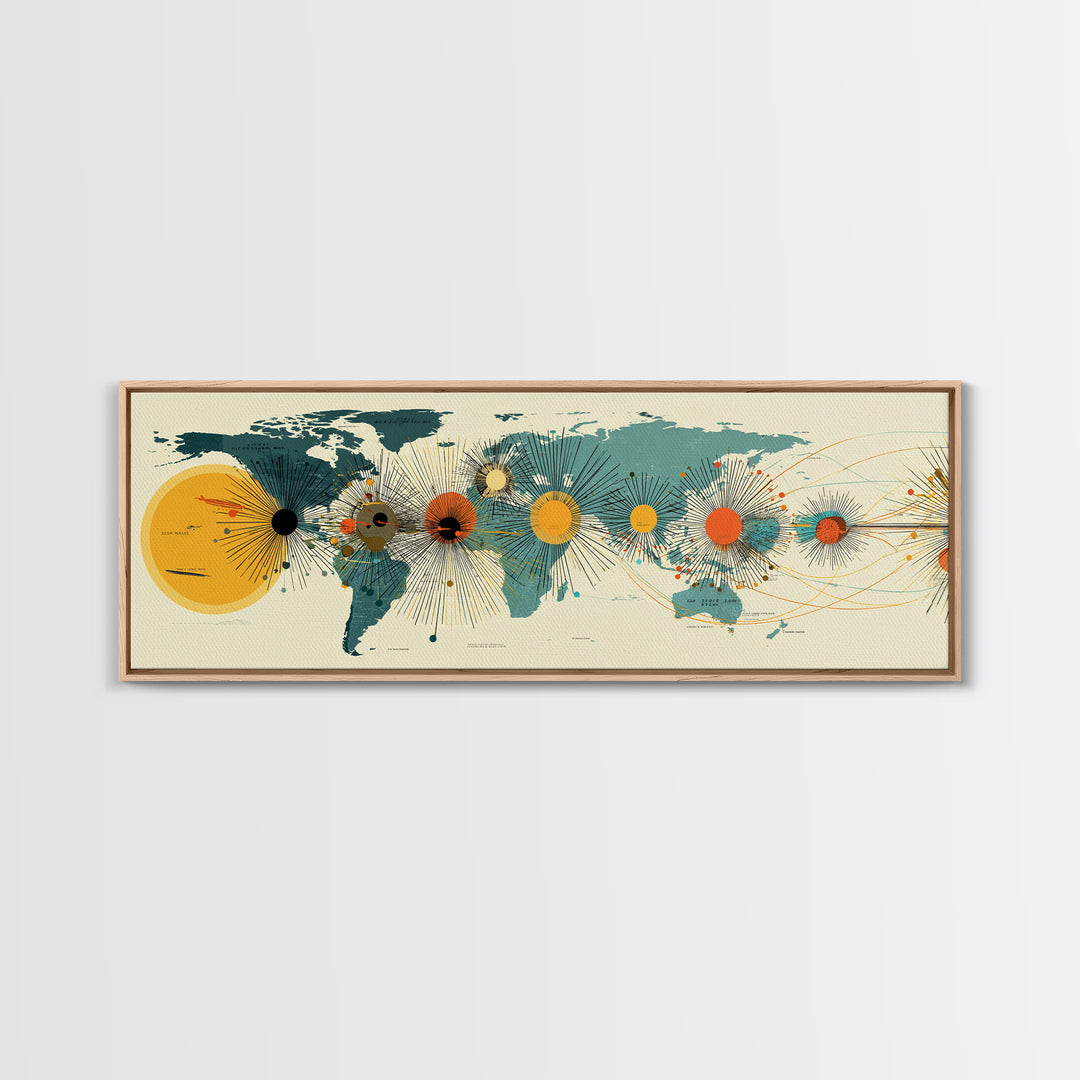 Solar System World Map Wall Art, Midcentury Modern Space Poster, Retro Planetary Lines Framed Canvas Print, Office Decor