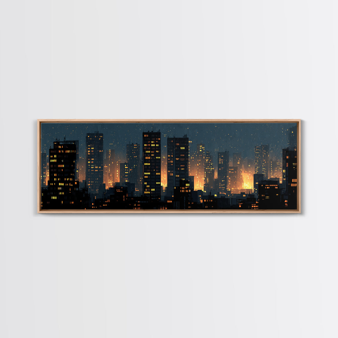 Rainy Night City Silhouette Wall Art, Moody Urban Skyline Print, Modern Skyscraper Lights Poster, Industrial Office Decor
