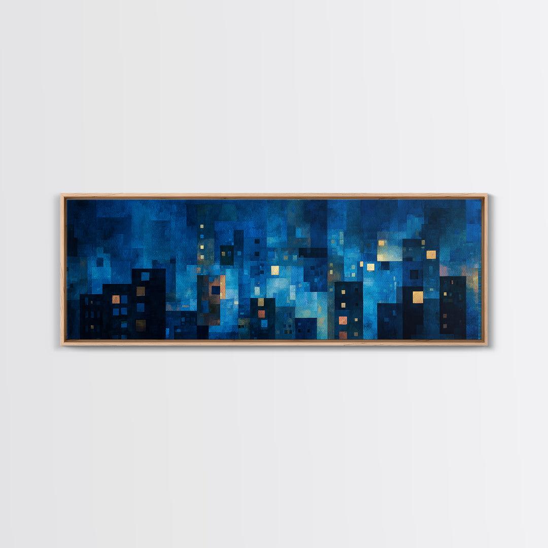 Blue Abstract City Lights Canvas Print, Modern Wall Art For Living Room, Urban Night Skyline Poster, Midcentury Home Decor