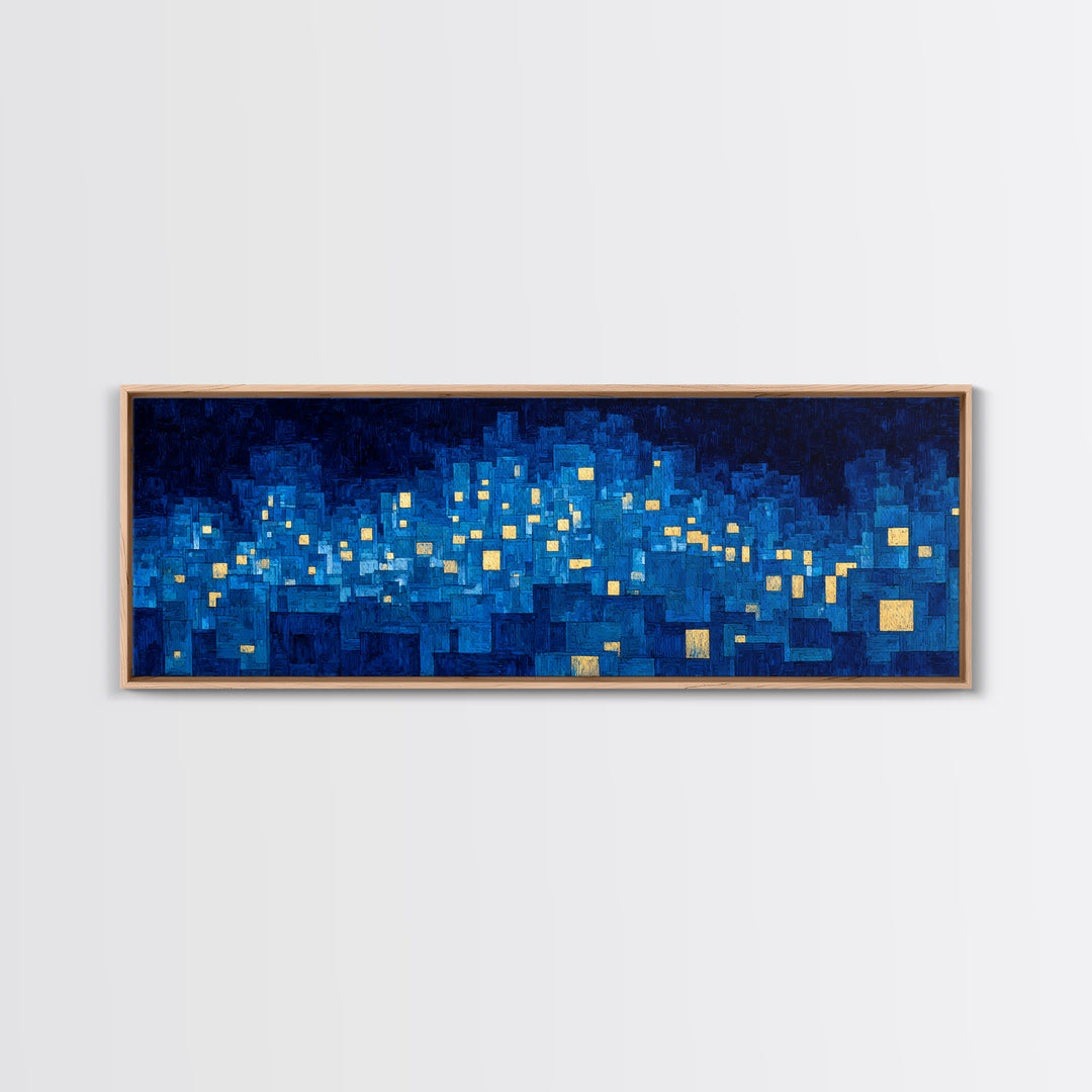 Mosaic Blue City Night Wall Art, Modern Abstract Art Print, Urban Skyline Lights, MCM Wall Decor, Large Living Room Artwork