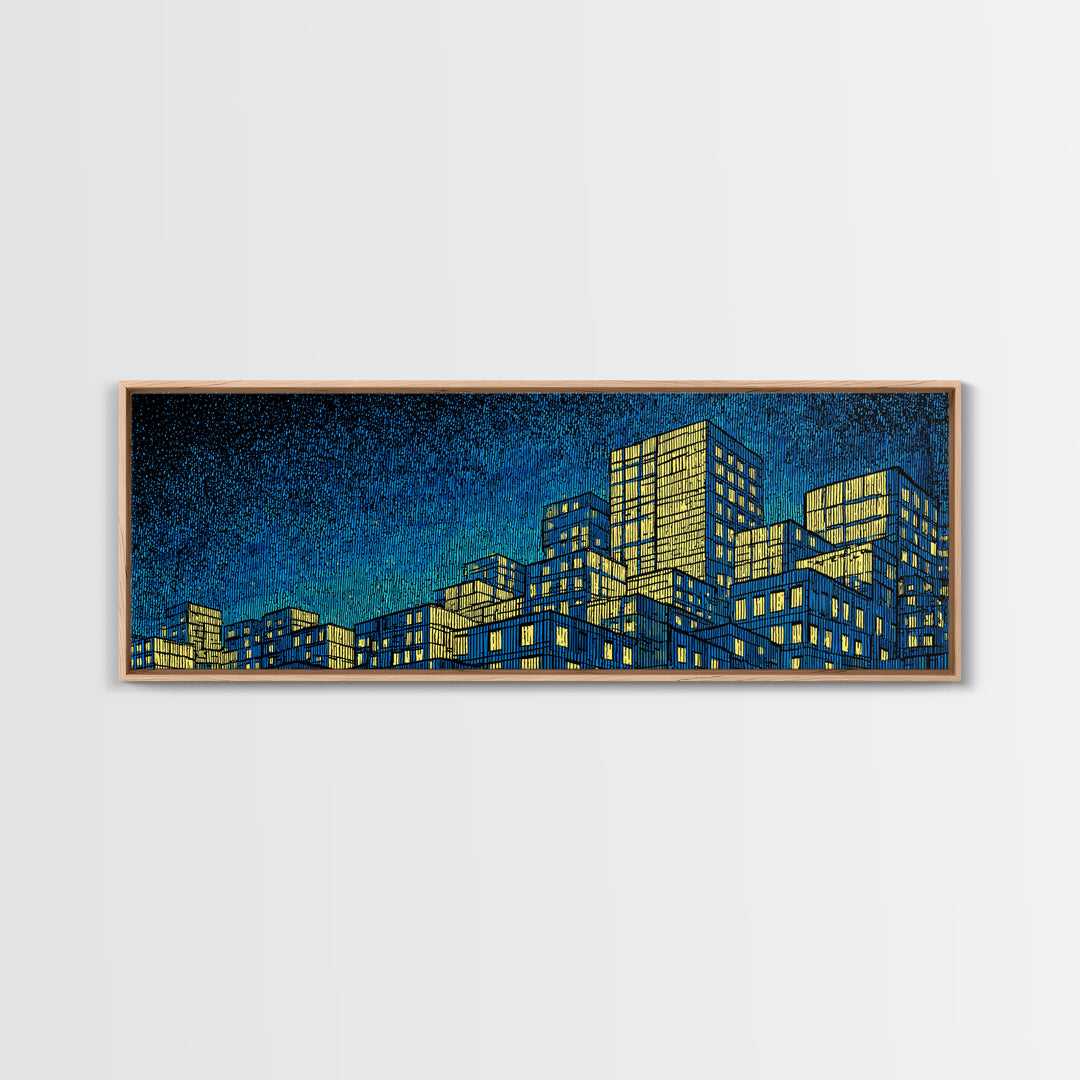 Yellow Blue Skyscraper Skyline Framed Canvas Print, Modern Wall Art, Architectural Cityscape Poster, Office Decor For Loft