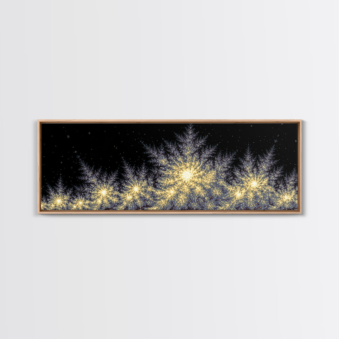 Golden Sparkling Tree Line Wall Art, Panoramic Winter Night Poster, Modern Abstract Art Print, Festive Metallic Home Decor