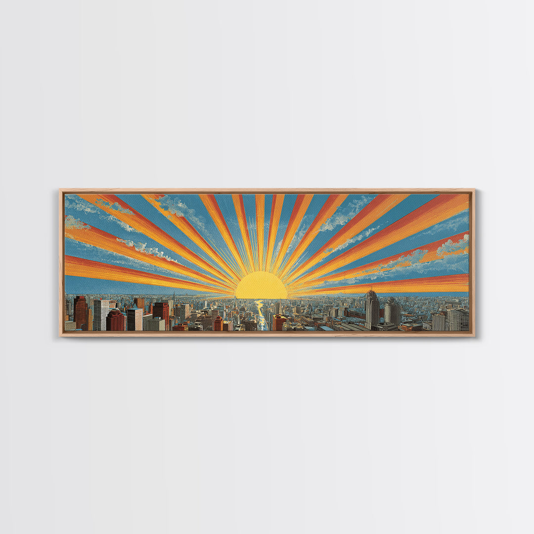 Radiant Sunrise City Skyline Framed Canvas Print, Panoramic Retro Travel Poster, Midcentury Modern Wall Art, Bright Home Decor
