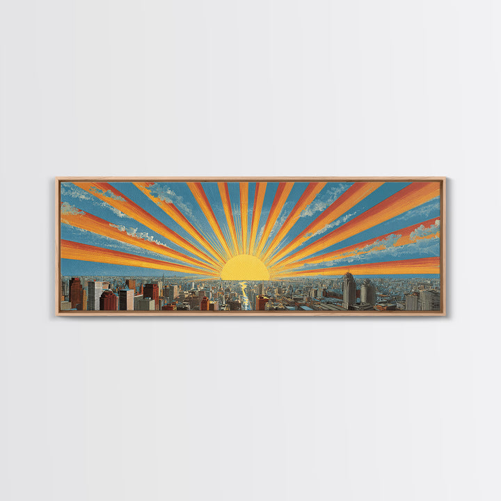 Radiant Sunrise City Skyline Framed Canvas Print, Panoramic Retro Travel Poster, Midcentury Modern Wall Art, Bright Home Decor