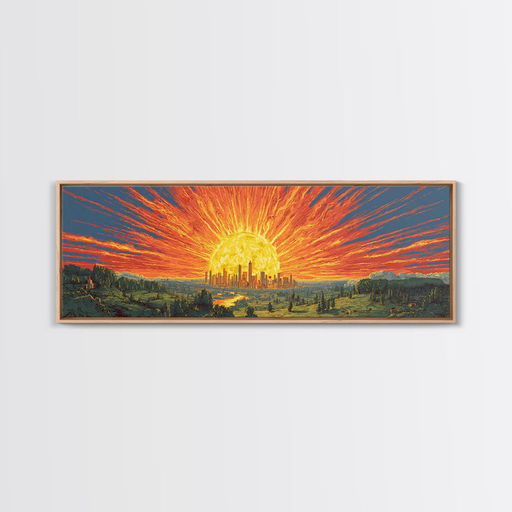 Fiery Solar Cityscape Canvas Print, Panoramic Apocalypse Sunset Poster, Bold Modern Abstract Art, Orange Wall Decor For Home