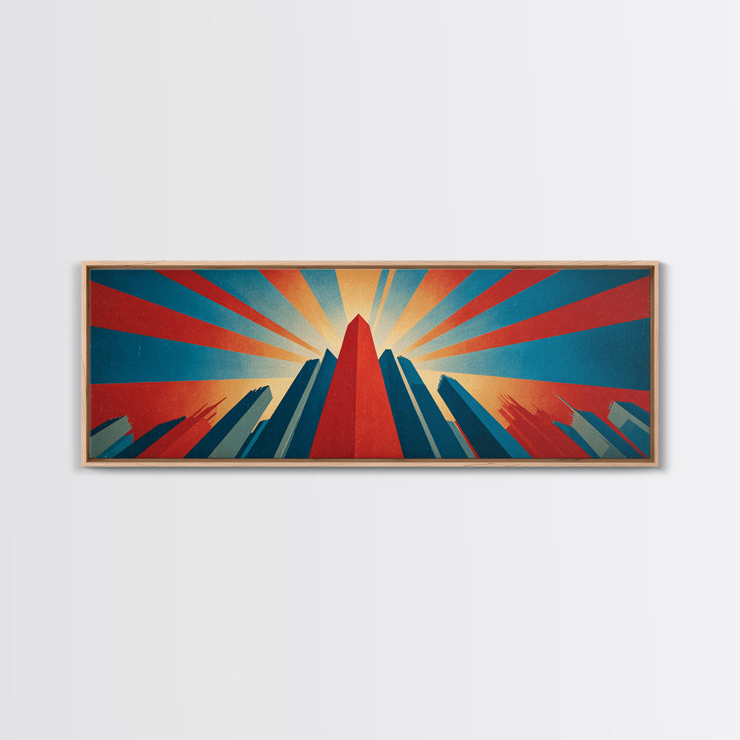 Dramatic Art Deco Skyscraper Wall Art, Panoramic Sunburst City Poster, Retro Modern Art Print, Bold Office Wall Decor Gift