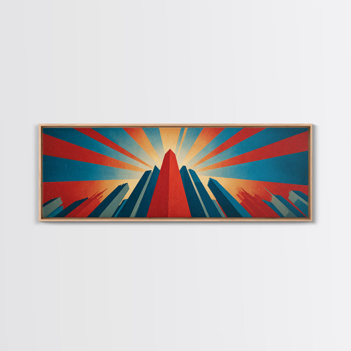 Dramatic Art Deco Skyscraper Wall Art, Panoramic Sunburst City Poster, Retro Modern Art Print, Bold Office Wall Decor Gift