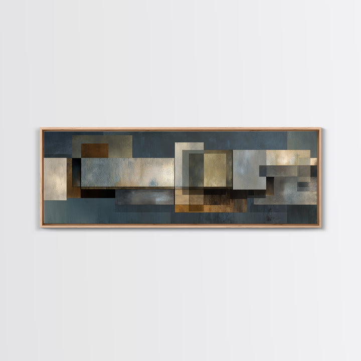 Moody Metallic Rectangle Canvas Print, Modern Abstract Wall Decor, Industrial Geometric Art, Blue Gold Home Office Artwork