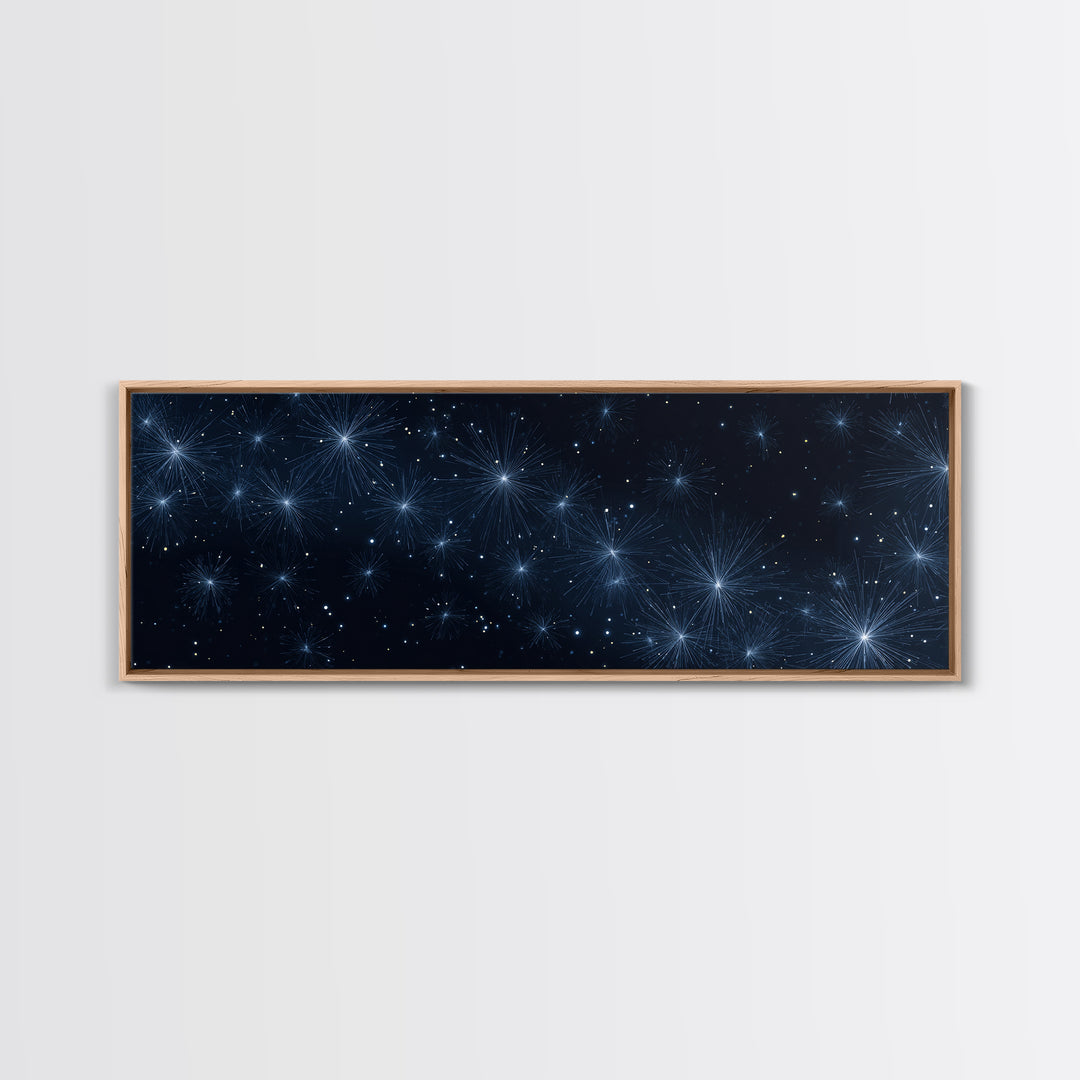 Deep Blue Starburst Night Wall Art, Cosmic Modern Abstract Print, Celestial Space Decor, Navy Bedroom And Home Office Canvas Gift