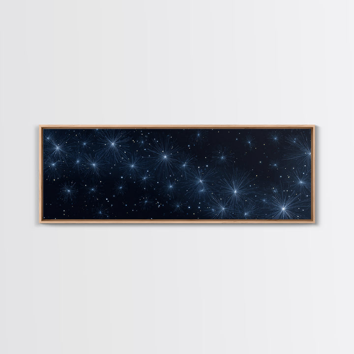 Deep Blue Starburst Night Wall Art, Cosmic Modern Abstract Print, Celestial Space Decor, Navy Bedroom And Home Office Canvas Gift