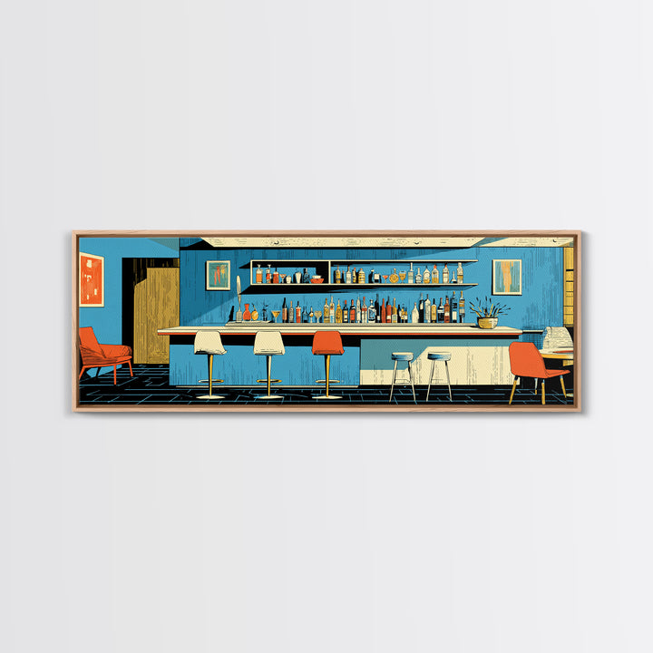 Blue Midcentury Cocktail Bar Wall Art, Retro Lounge Poster, Modern Home Decor, Framed Canvas Print, Bar Cart Wall Decor Gift