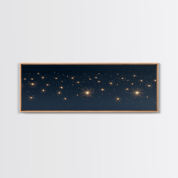 Warm Gold Starry Night Canvas Print, Cosmic Modern Wall Art, Navy Celestial Space Decor, Elegant Bedroom And Home Office Poster Gift