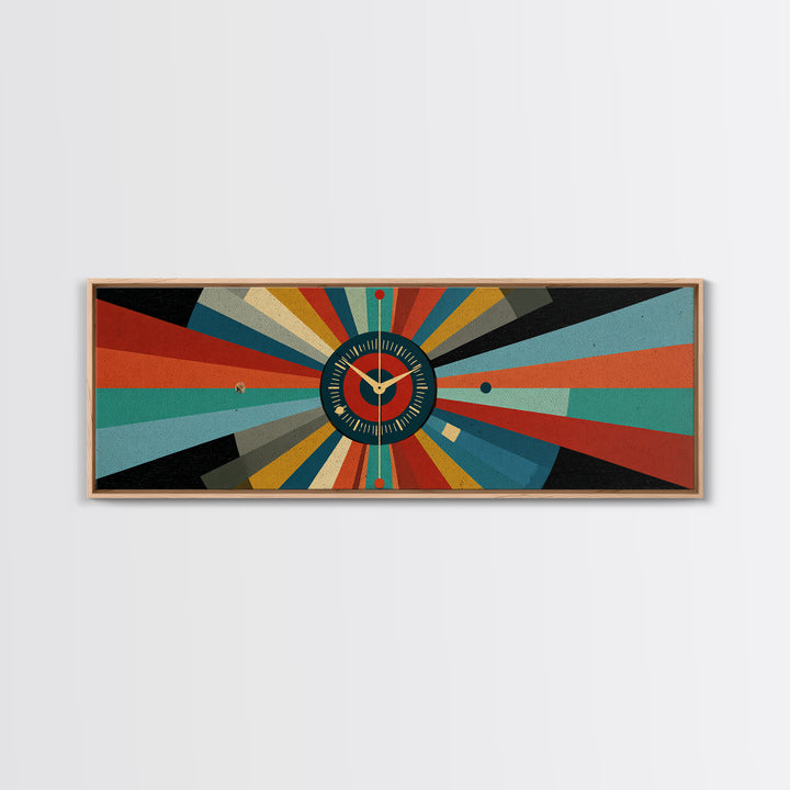 Atomic Clock Sunburst Wall Art, Midcentury Modern Canvas, Retro Geometric Poster, MCM Home Decor, Panoramic Abstract Print