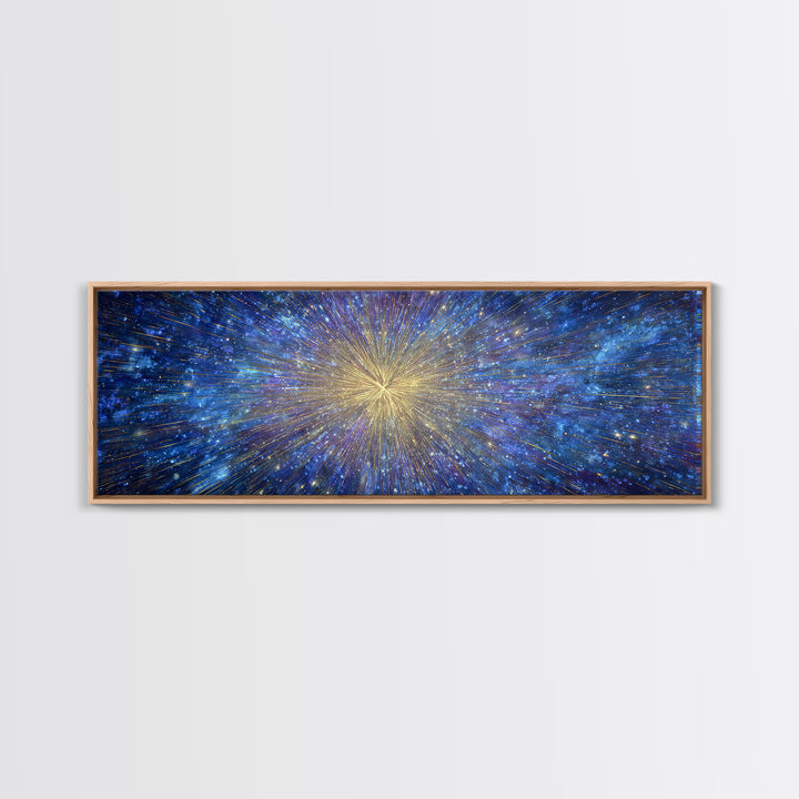 Blue Gold Cosmic Starburst Canvas Print, Space Abstract Wall Decor, Modern Digital Art, Galaxy Light Speed Panoramic Poster