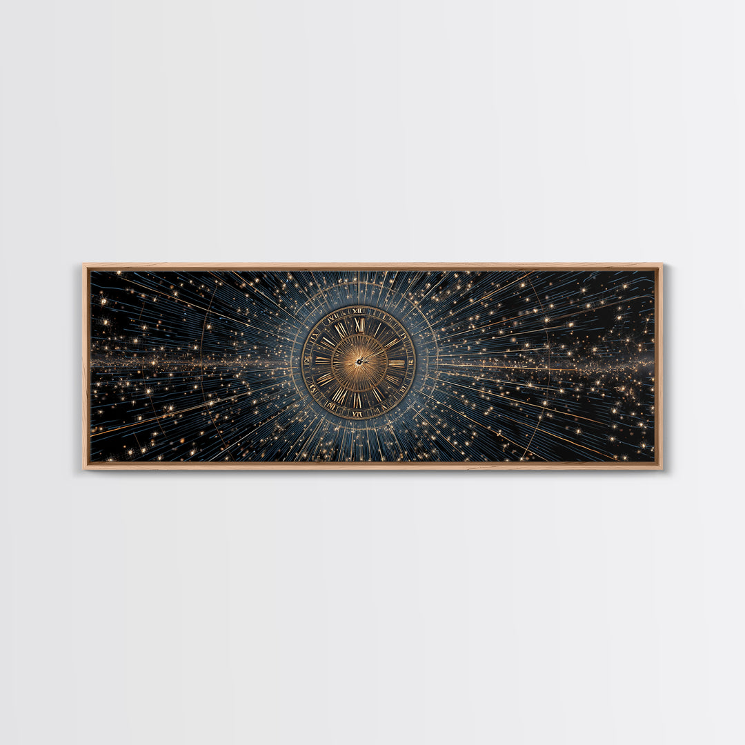 Celestial Clock Time Warp Wall Art, Gold Blue Cosmic Abstract Poster, Modern Space Decor, Panoramic Galaxy Artwork Print