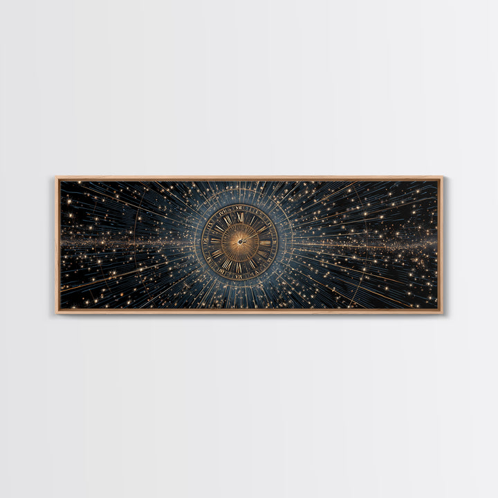 Celestial Clock Time Warp Wall Art, Gold Blue Cosmic Abstract Poster, Modern Space Decor, Panoramic Galaxy Artwork Print