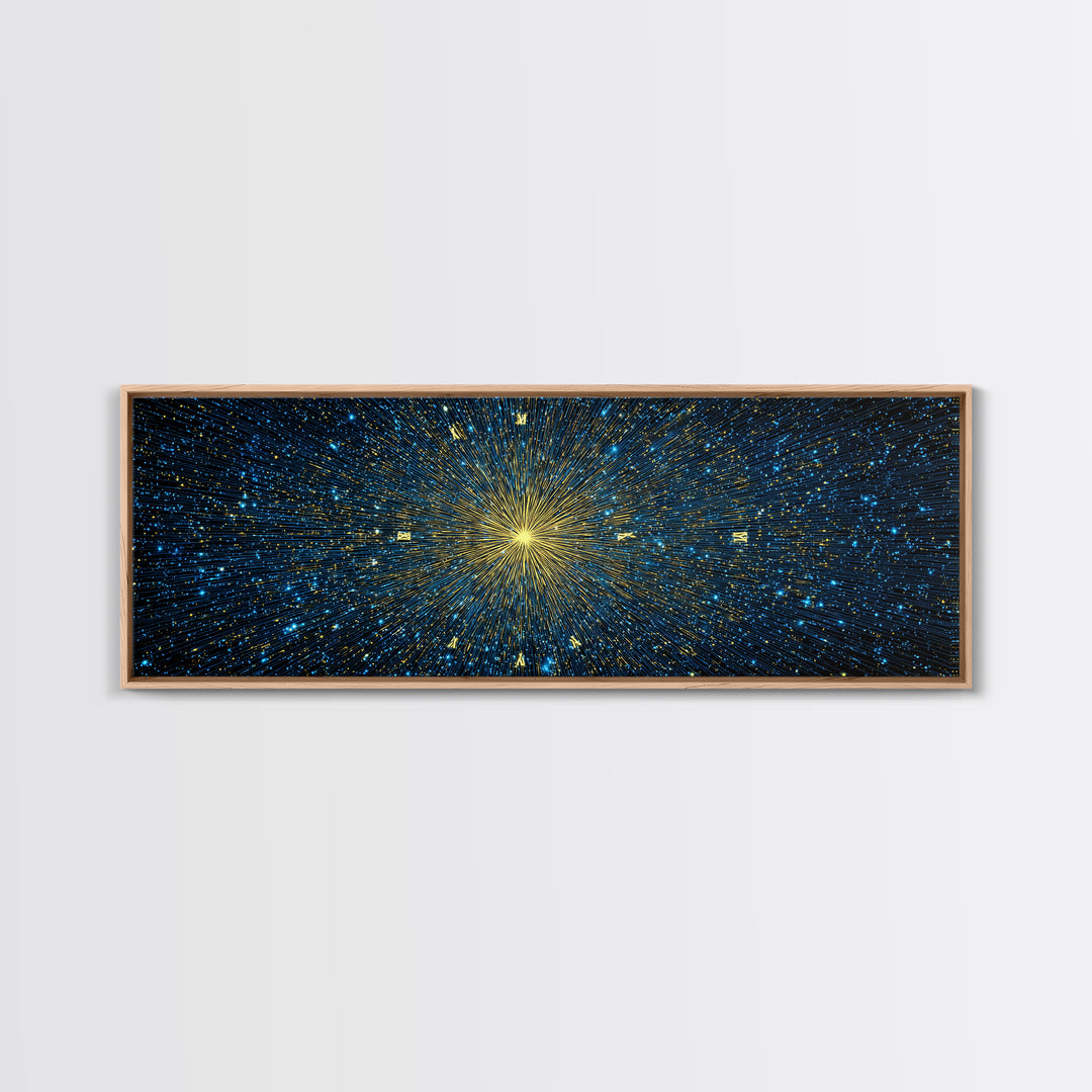 Golden Core Light Speed Canvas Print, Blue Galaxy Abstract Wall Decor, Modern Space Poster, Cosmic Panoramic Digital Artwork