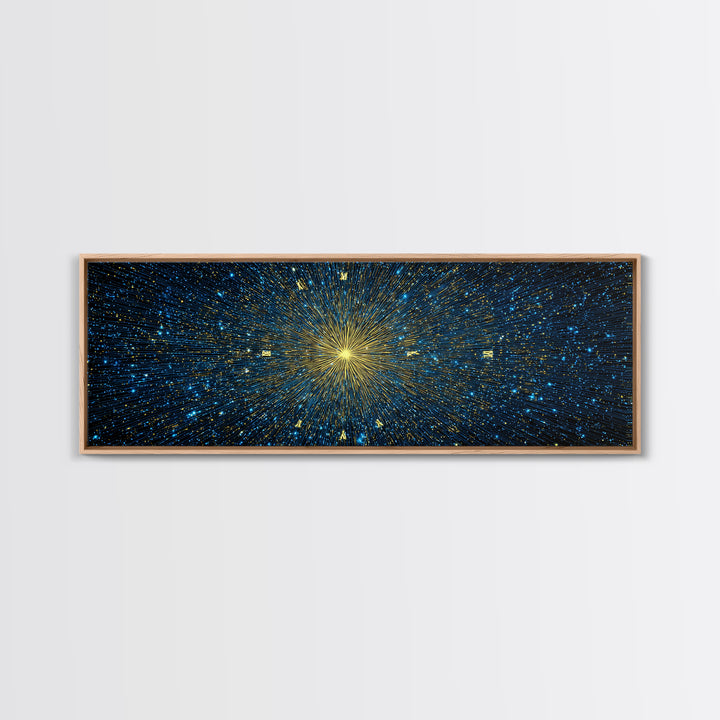 Golden Core Light Speed Canvas Print, Blue Galaxy Abstract Wall Decor, Modern Space Poster, Cosmic Panoramic Digital Artwork