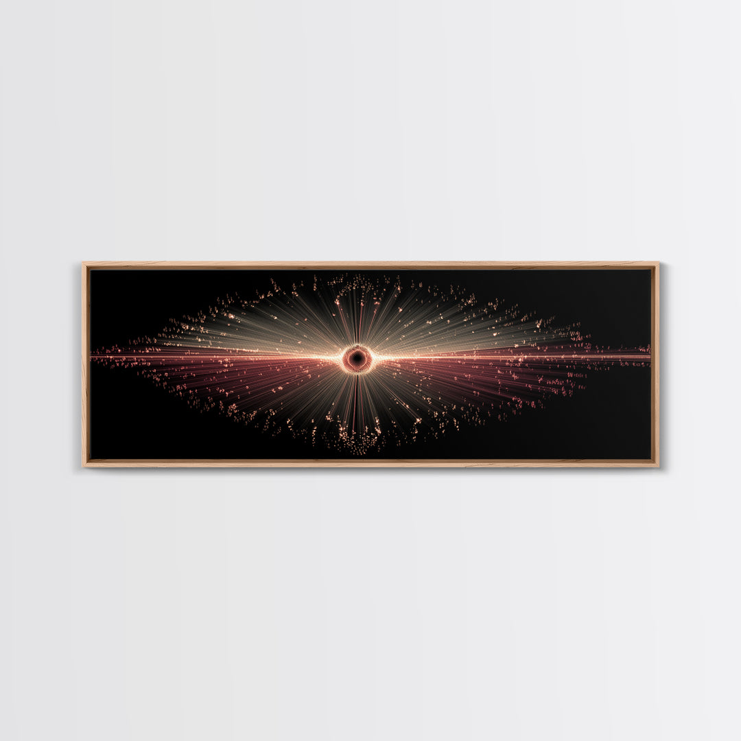 Red Black Hole Particle Burst Framed Canvas Print, Cosmic Retro Wall Art, Modern Abstract Art Print, Dark Space Decor Poster