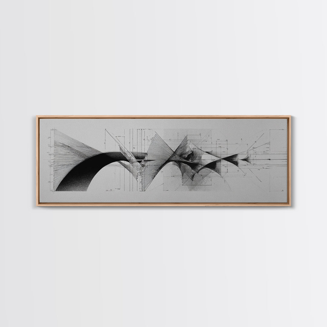 Monochrome Architectural Arcs And Lines Wall Art, Midcentury Modern Abstract Print, Black White Office Decor, Framed Canvas Print