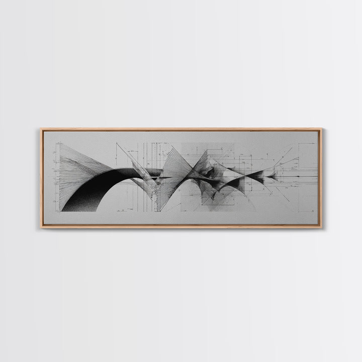 Monochrome Architectural Arcs And Lines Wall Art, Midcentury Modern Abstract Print, Black White Office Decor, Framed Canvas Print
