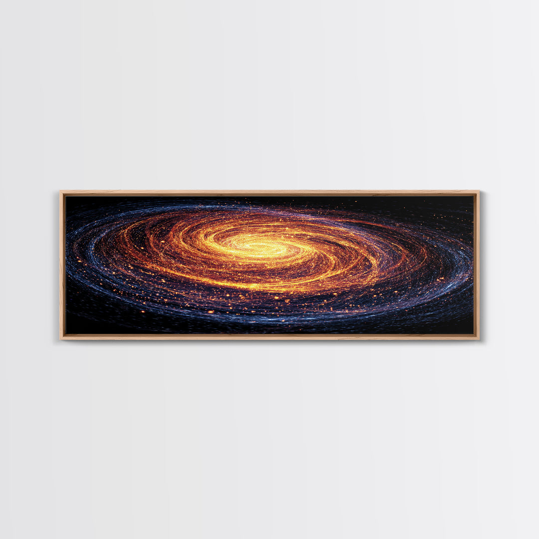 Glowing Spiral Galaxy In Orange And Blue Canvas Print, Cosmic Retro Art, Space Abstract Art, Modern Wall Decor, Panoramic Living Room Art