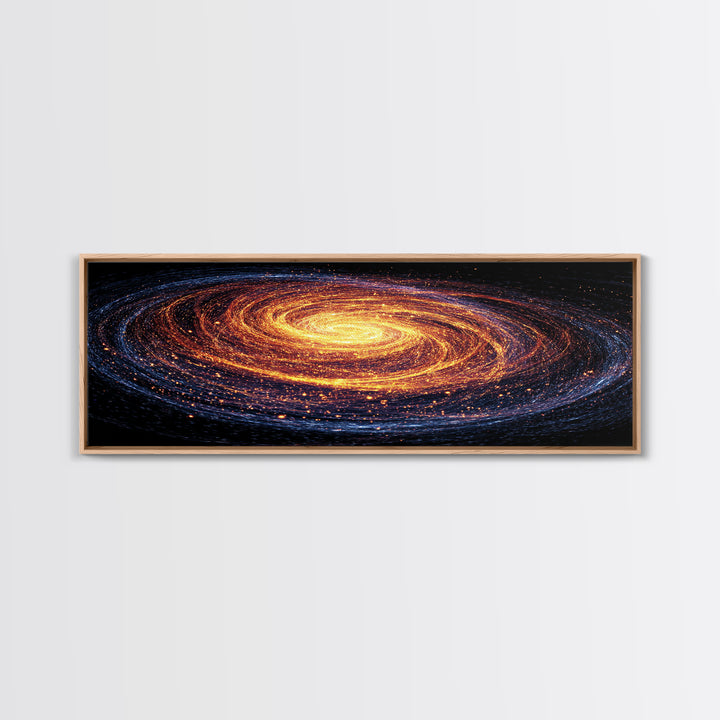 Glowing Spiral Galaxy In Orange And Blue Canvas Print, Cosmic Retro Art, Space Abstract Art, Modern Wall Decor, Panoramic Living Room Art
