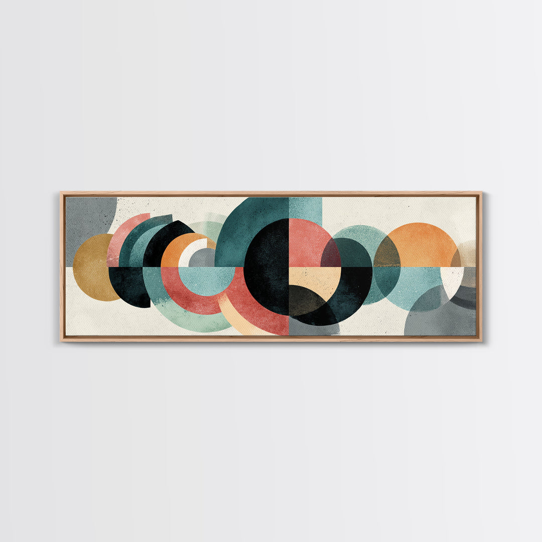 Layered Teal Coral Mustard Circle Wall Art, Midcentury Modern Abstract Art, Bauhaus Geometric Decor, Framed Canvas Print
